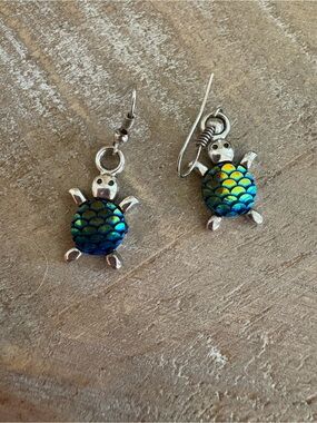 Sea Turtle Dangle Earrings with Iridescent Blue-Green Shells in Sterling Silver